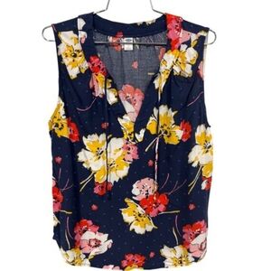 Old Navy Tie Neck Sleeveless Floral Blouse Women Large Navy Multi Botanical Boho